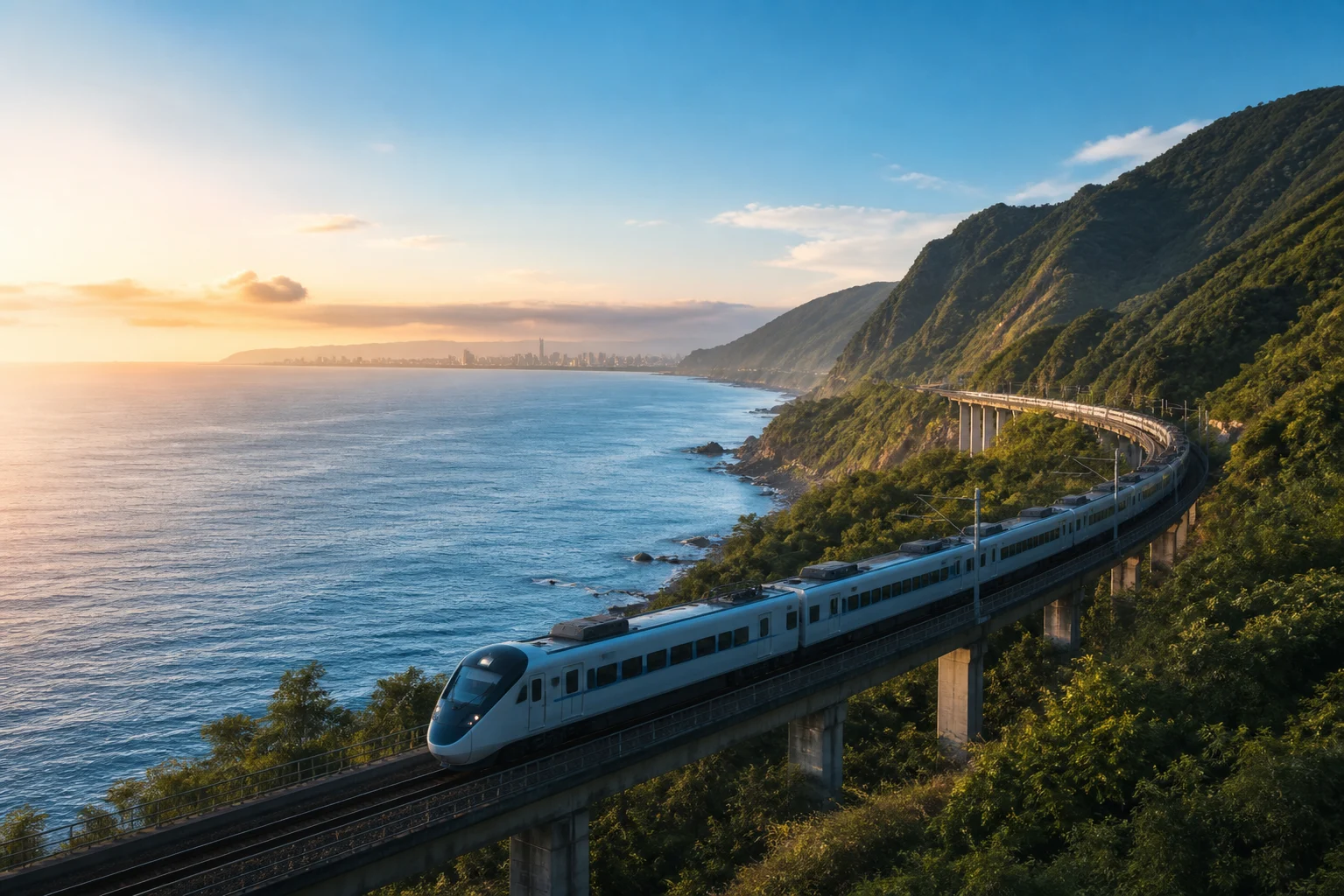 A modern train journey through Taiwan mountain and coastal scenery